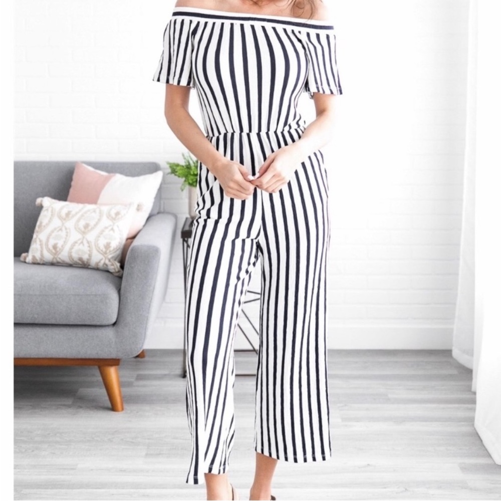 Love Tree Off Shoulder Striped Jumpsuit Sz L White Navy Blue Nautical Coastal